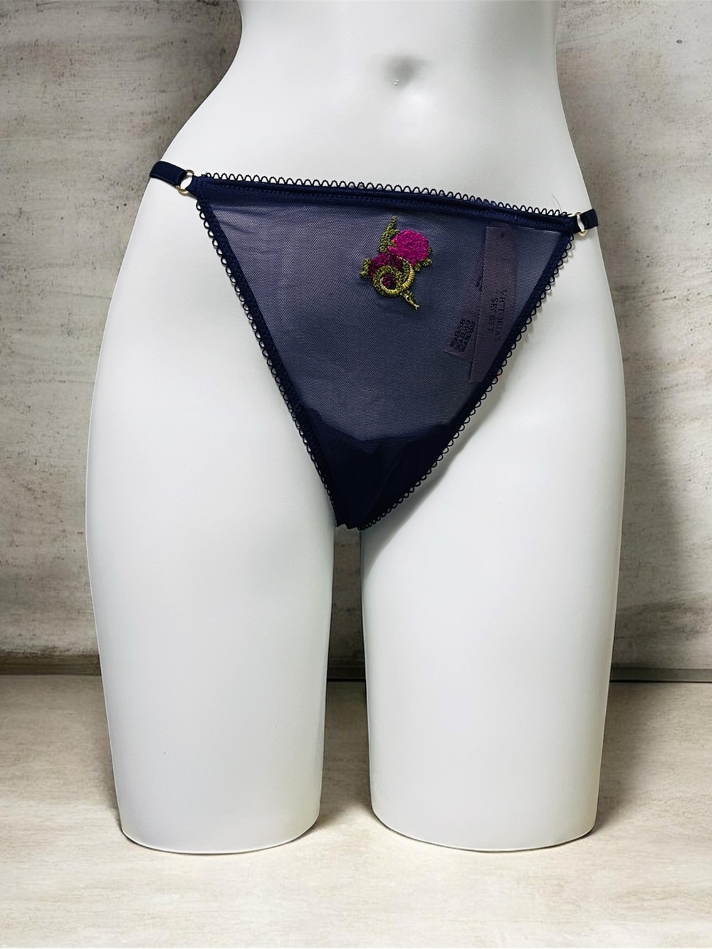 Purple Victoria's Secret Navy Sheer Thong with Pink Rose Embroidery size XL